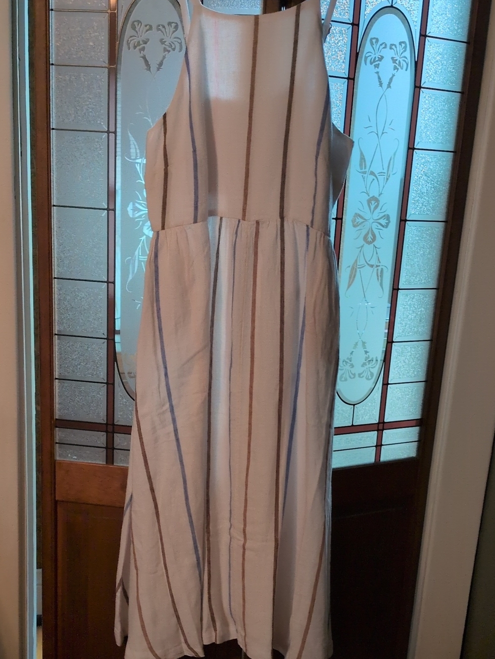 Lands End Linen Striped Sleeveless Midi Dress, White with Blue & Brown Stripes